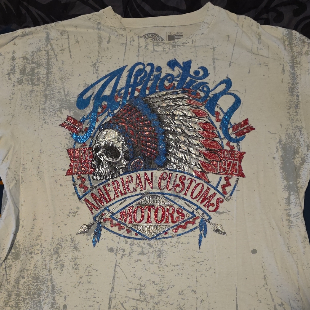 Affliction Men's Tee - Cream with Red and Blue Design